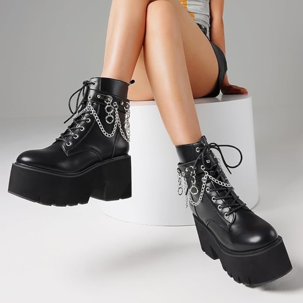Black Platform Chain Ankle Boots - Picture 3 of 4